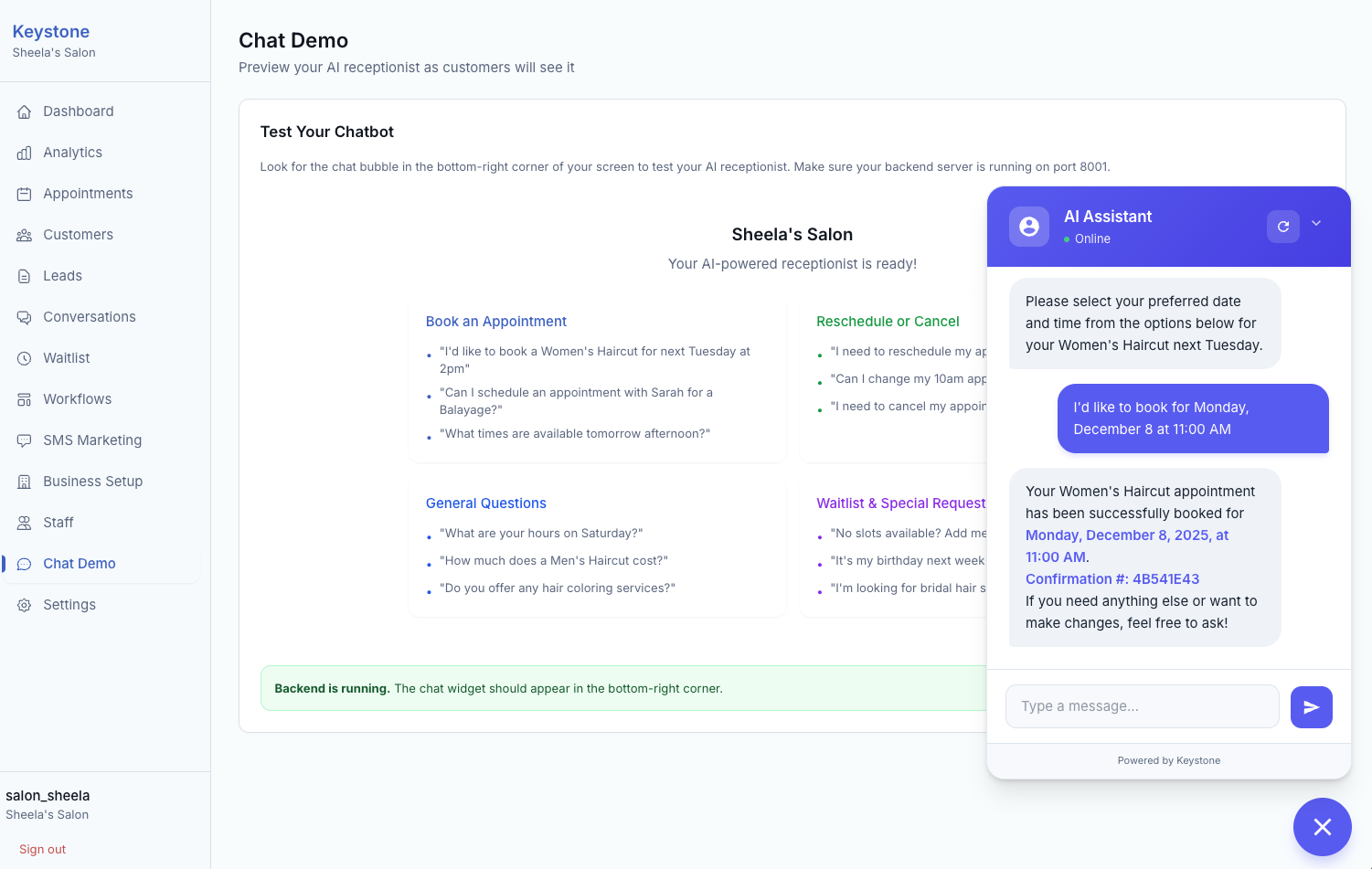 AI Receptionist Dashboard